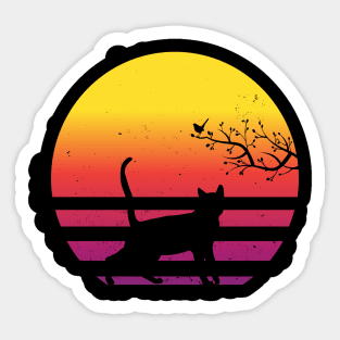 Cute Cat Watching Bird On Tree Vintage Retro Sunset Sticker